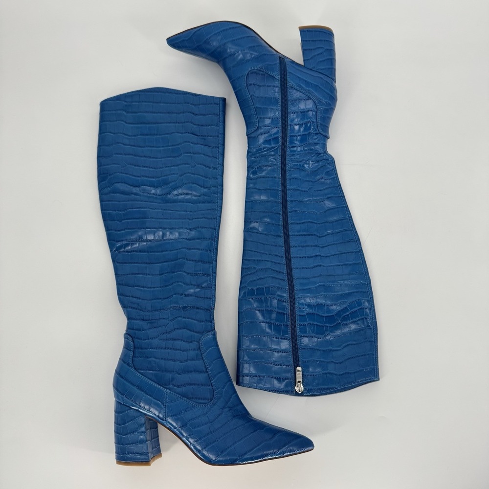 Marc Fisher Blue Croc Embossed‎ Knee High Boots Block Heel Pointed Toe 7M - Picture 2 of 10